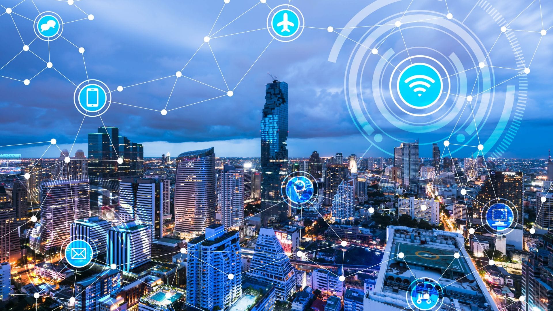 abstract image of wifi connectivity icons over a cityscape