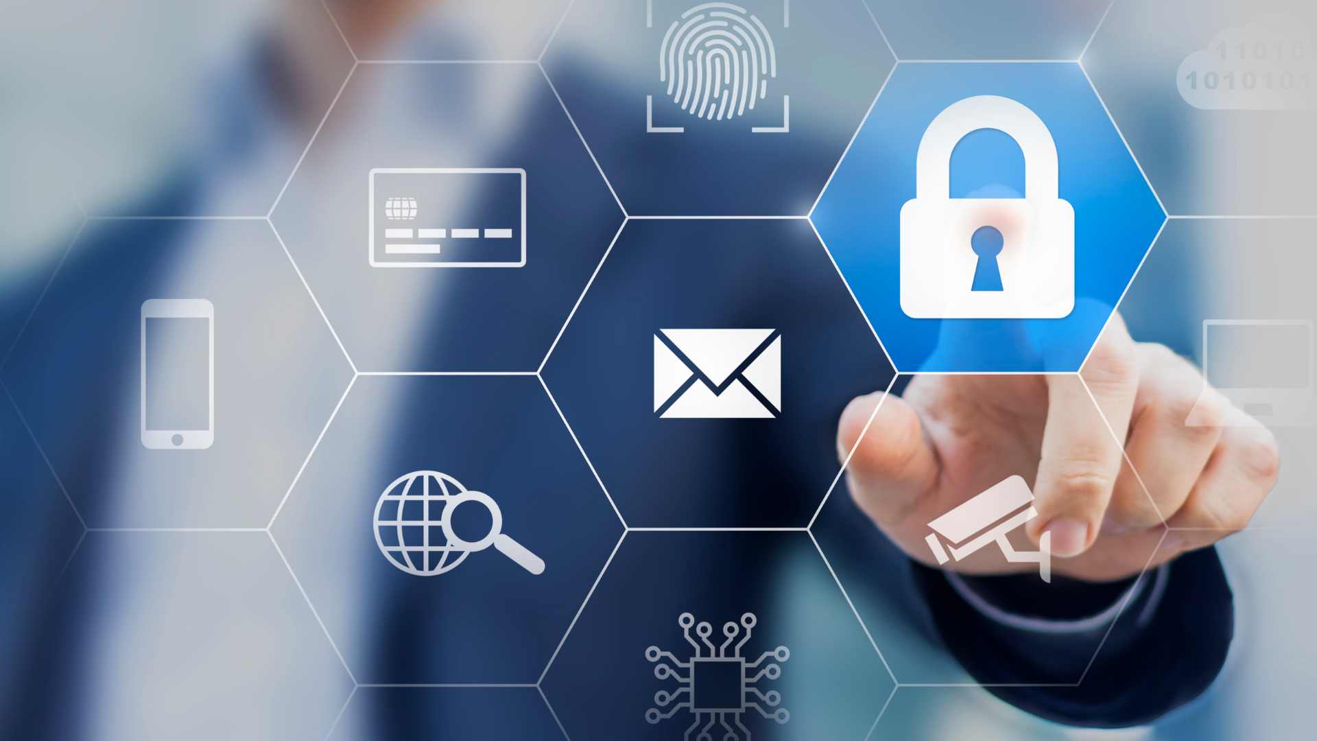 hexagons with icons representing security