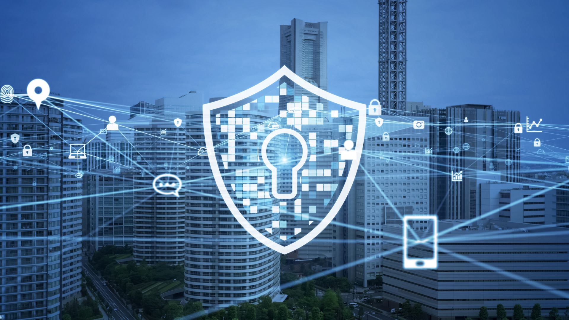 Digital image of a large shield with a keyhole symbol at its center, overlaid on a cityscape