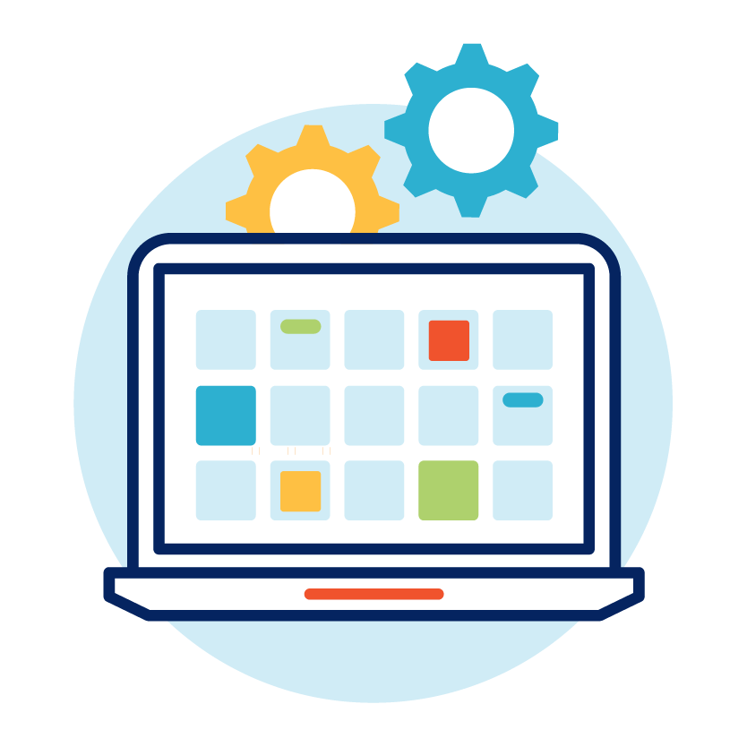 An icon of a computer with colored icons on the screen and gears in the background