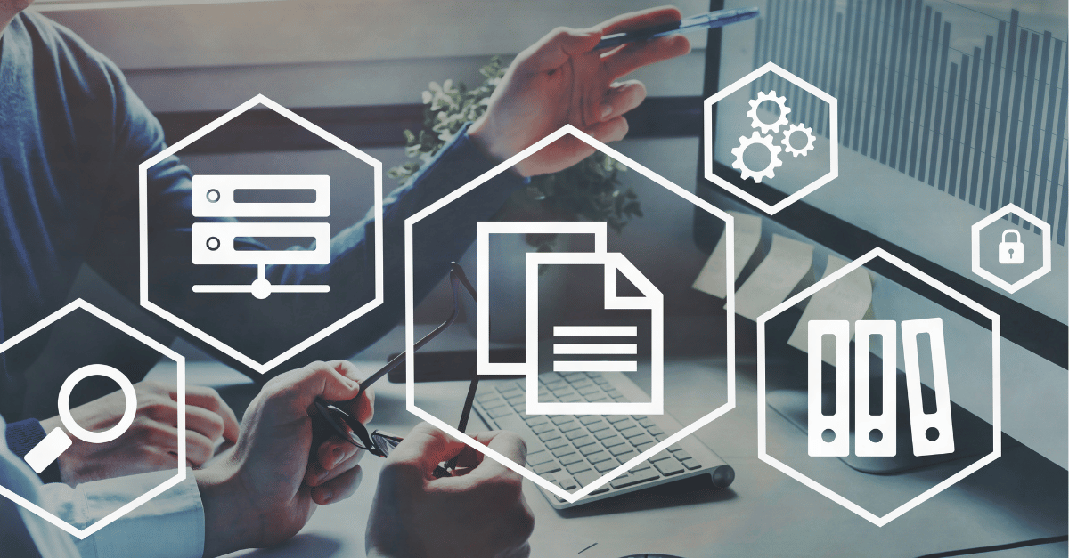 Business professionals working at a computer, overlaid with hexagonal icons symbolizing efficient digital workflow and collaboration