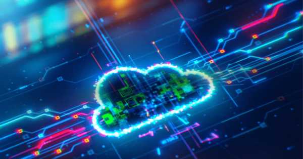 A glowing, digital cloud icon surrounded by circuit-like lines and nodes on a dark background