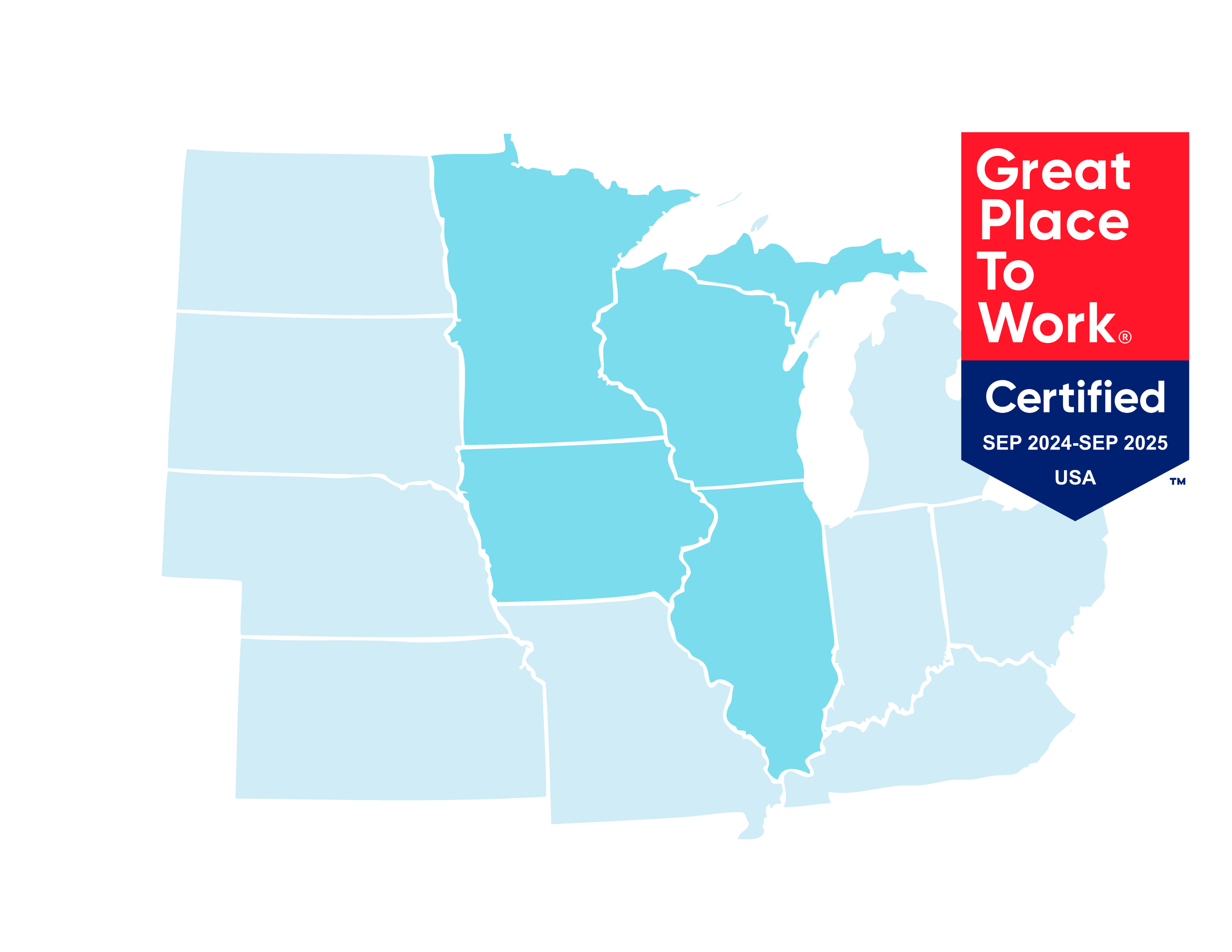 Map of the states where WIN provides Digital Infrastructure services. Includes Wisconsin, Minnesota, Iowa, Illinois and upper Michigan.